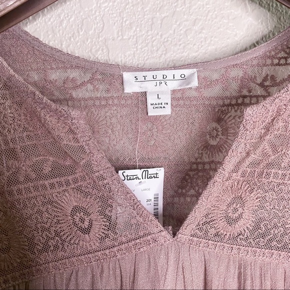 NWT Boho Mauve FLOWY 3/4 Sleeve Lace and linen Peasant Blouse Large Studio JPR - Picture 8 of 16